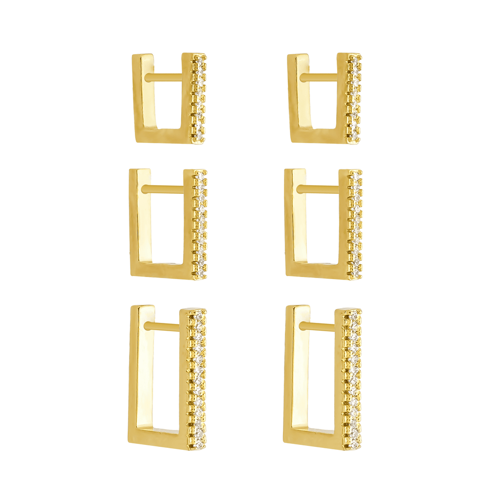Trio Dourado de Argolinhas Quadradas Cravejadas de Zircônias