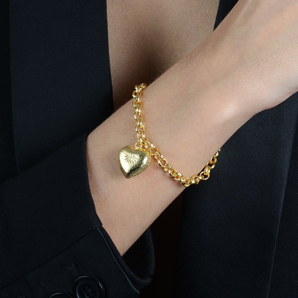 Pulseira Dourada Elo Português com Coração - Galeria